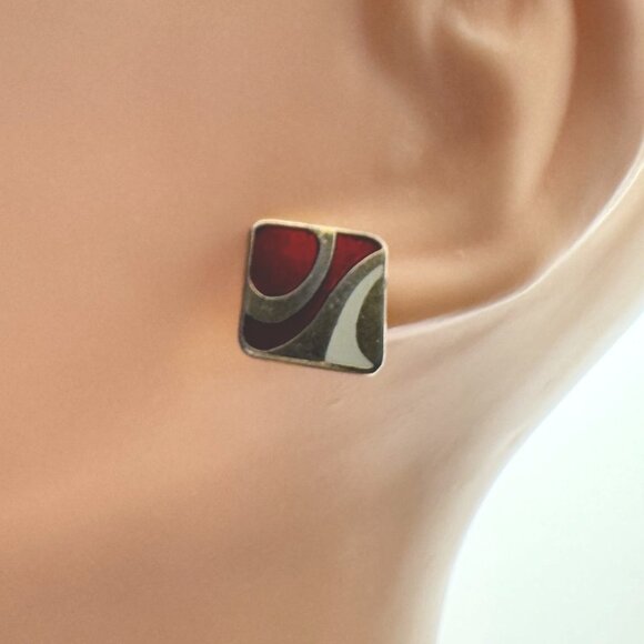 Samuel Huang Cloisonné Vintage Earrings 7/8" Red Gold Gray Enamel Square Stud - Picture 2 of 8